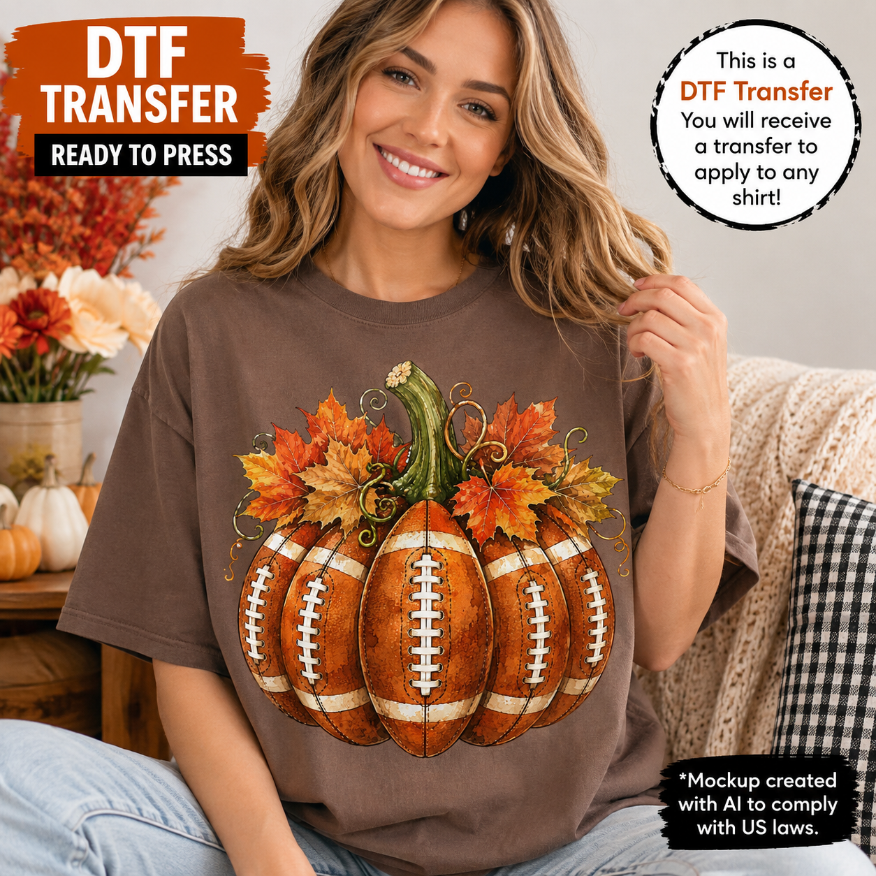 Football pumpkin fall DTF transfer shown on brown T-shirt mockup
