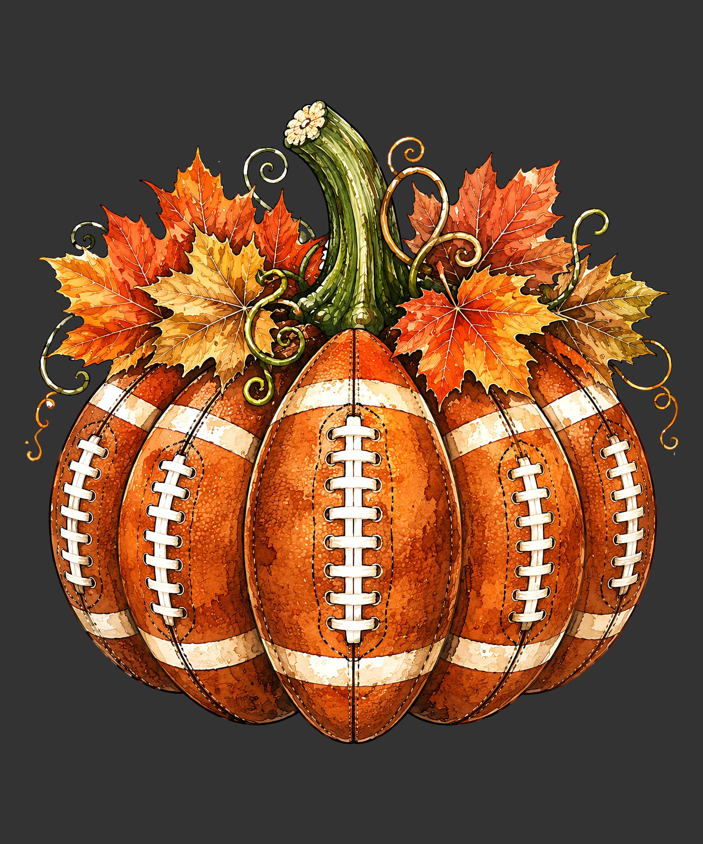Pumpkin made from footballs with autumn leaves ready to press fall DTF transfer