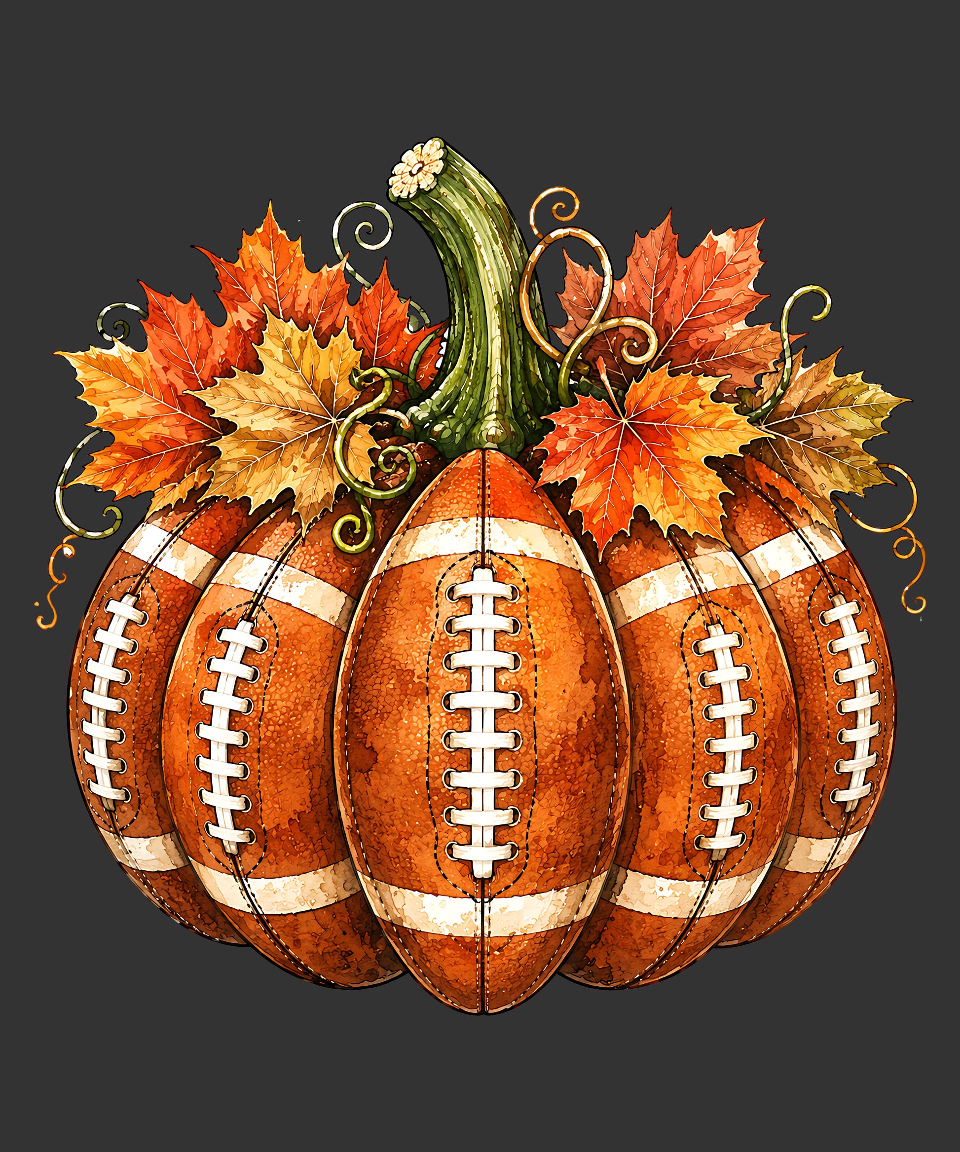 Pumpkin made from footballs with autumn leaves ready to press fall DTF transfer