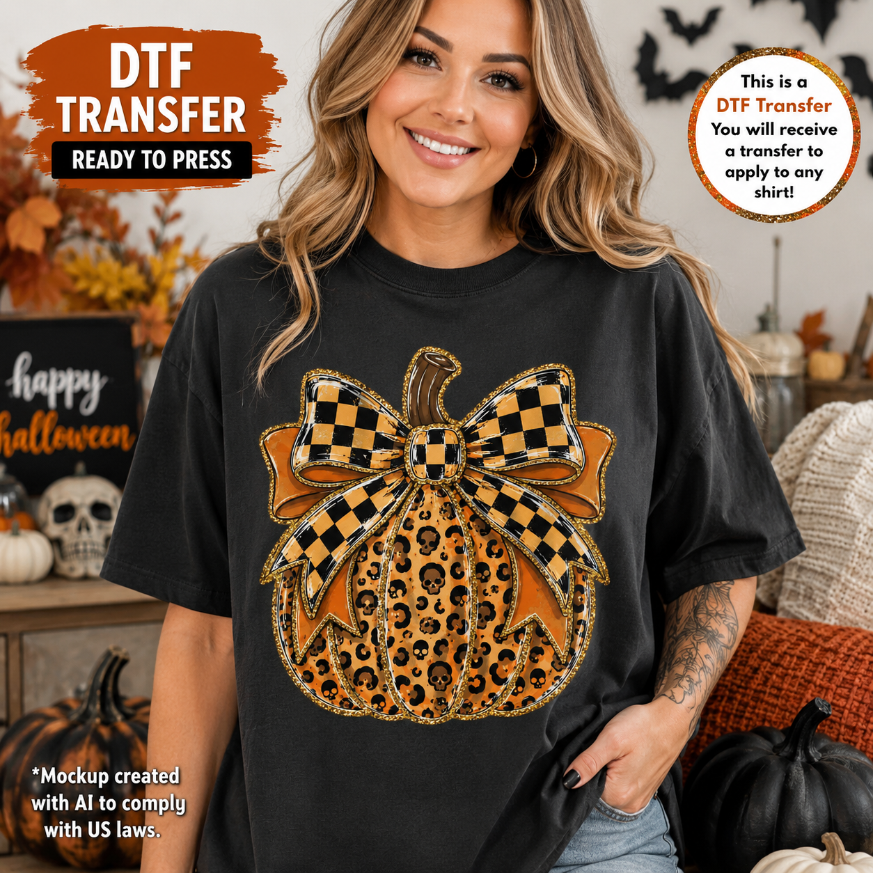 Leopard pumpkin checker bow Halloween DTF transfer shown on black T-shirt mockup
