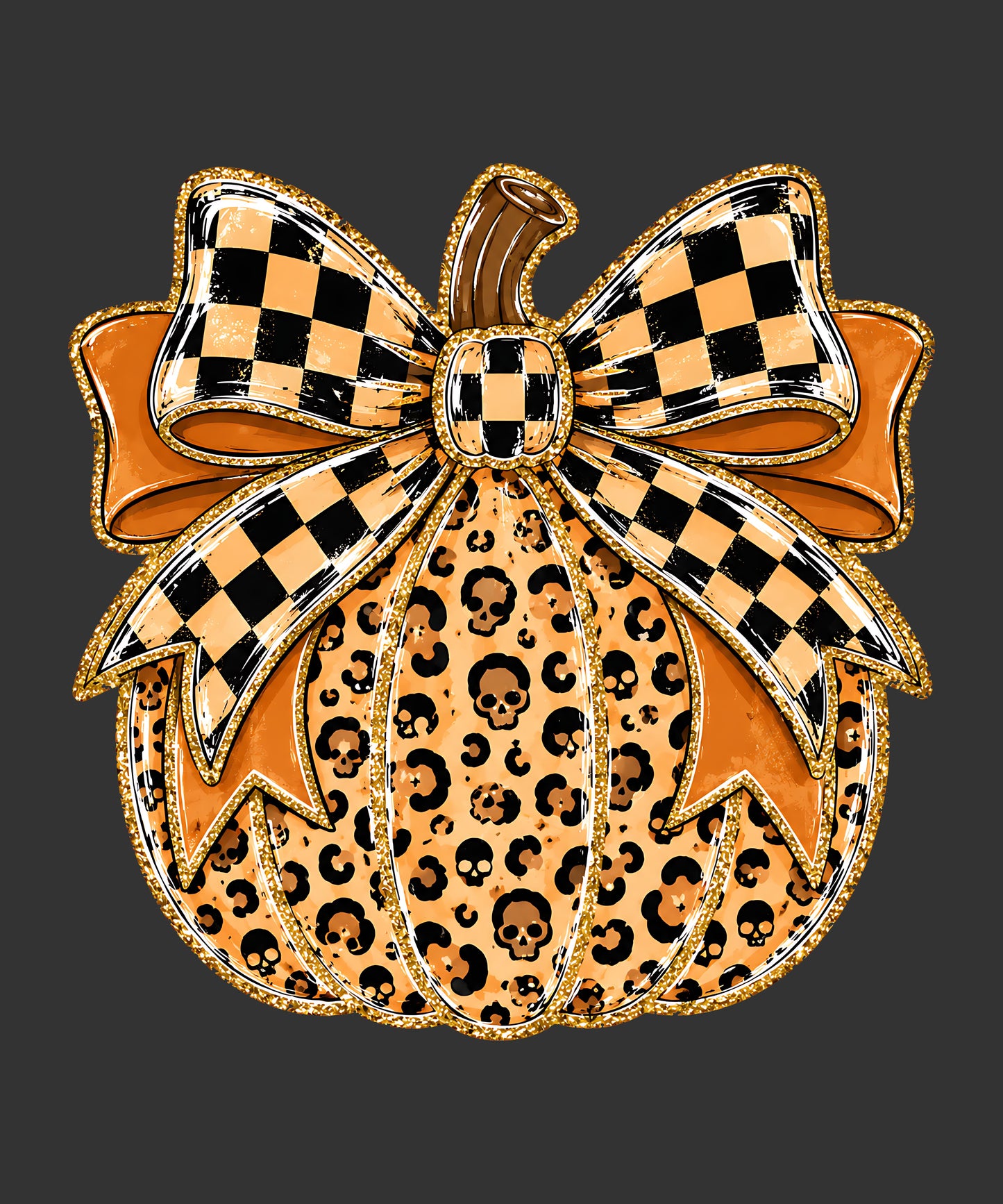 Orange leopard pumpkin with skull details and checkerboard bow ready to press Halloween DTF transfer