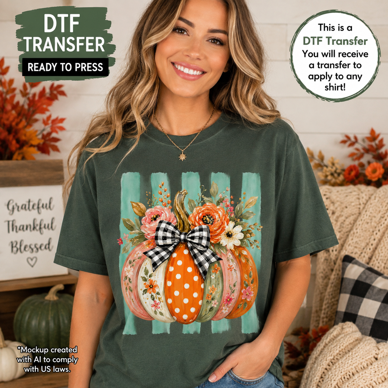 Floral pumpkin gingham bow fall DTF transfer shown on forest green T-shirt mockup