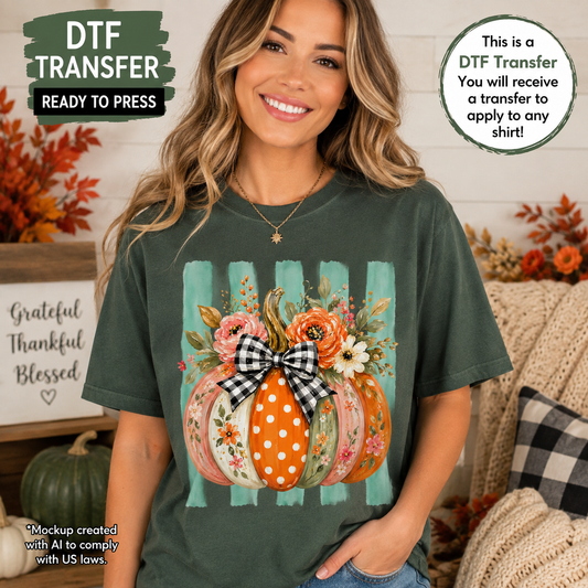 Floral pumpkin gingham bow fall DTF transfer shown on forest green T-shirt mockup