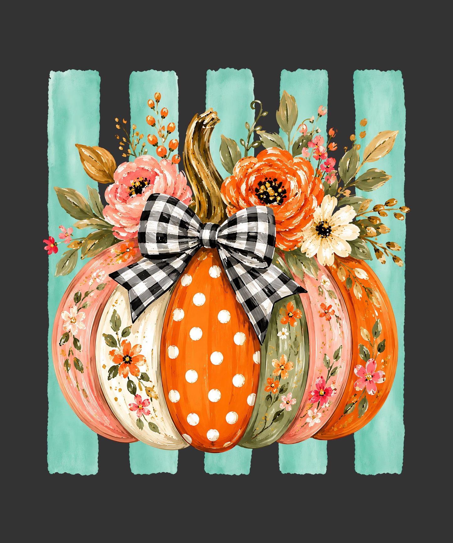 A decorative autumn floral design featuring three painted pumpkins in orange, pink, and green with flowers, berries, and a black-and-white gingham bow, set against vertical aqua stripes on a dark charcoal background.
