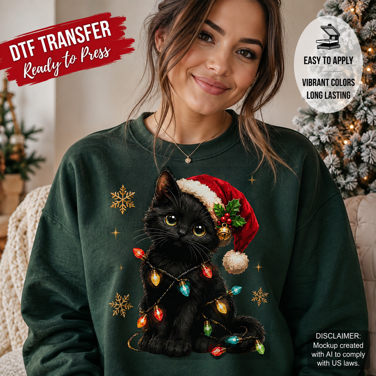 Black cat Santa lights Christmas DTF transfer shown on forest green sweatshirt mockup