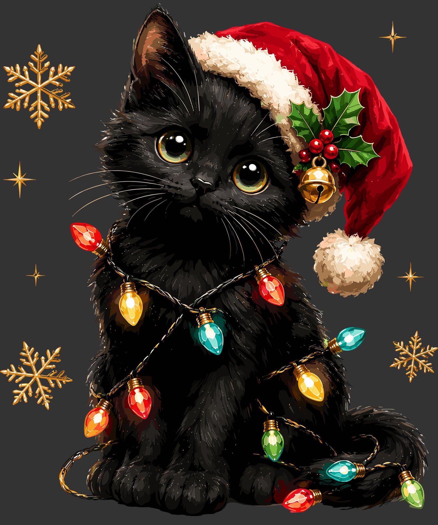 Black cat wearing Santa hat wrapped in colorful Christmas lights ready to press DTF transfer
