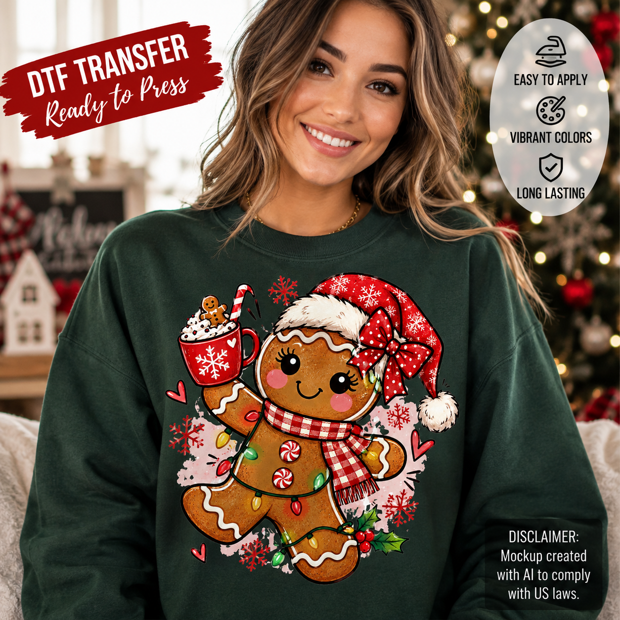 Gingerbread girl hot cocoa Christmas DTF transfer shown on forest green sweatshirt mockup