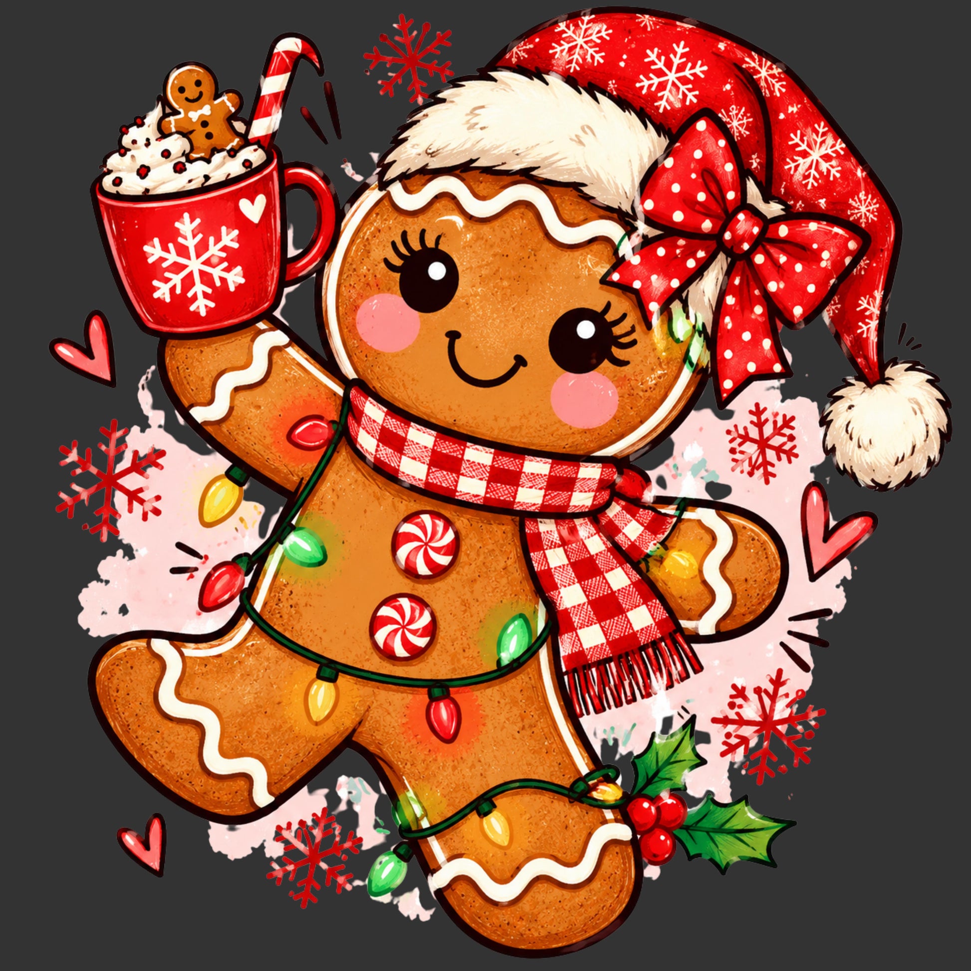 Gingerbread girl with Santa hat hot cocoa Christmas lights and scarf ready to press DTF transfer