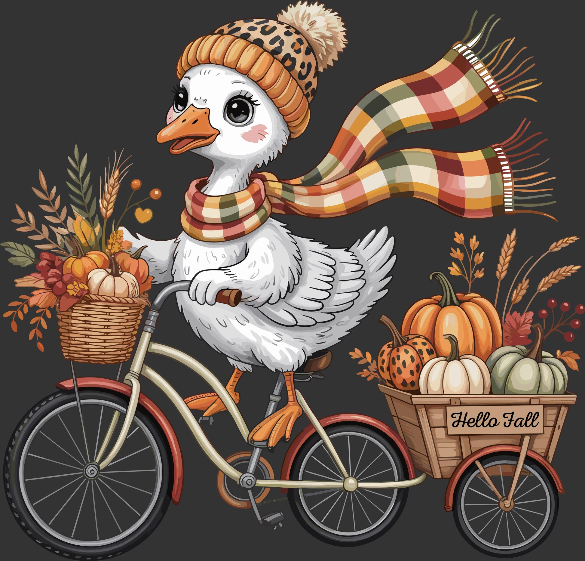 Cute fall duck riding bicycle with pumpkins scarf and Hello Fall wagon ready to press DTF transfer