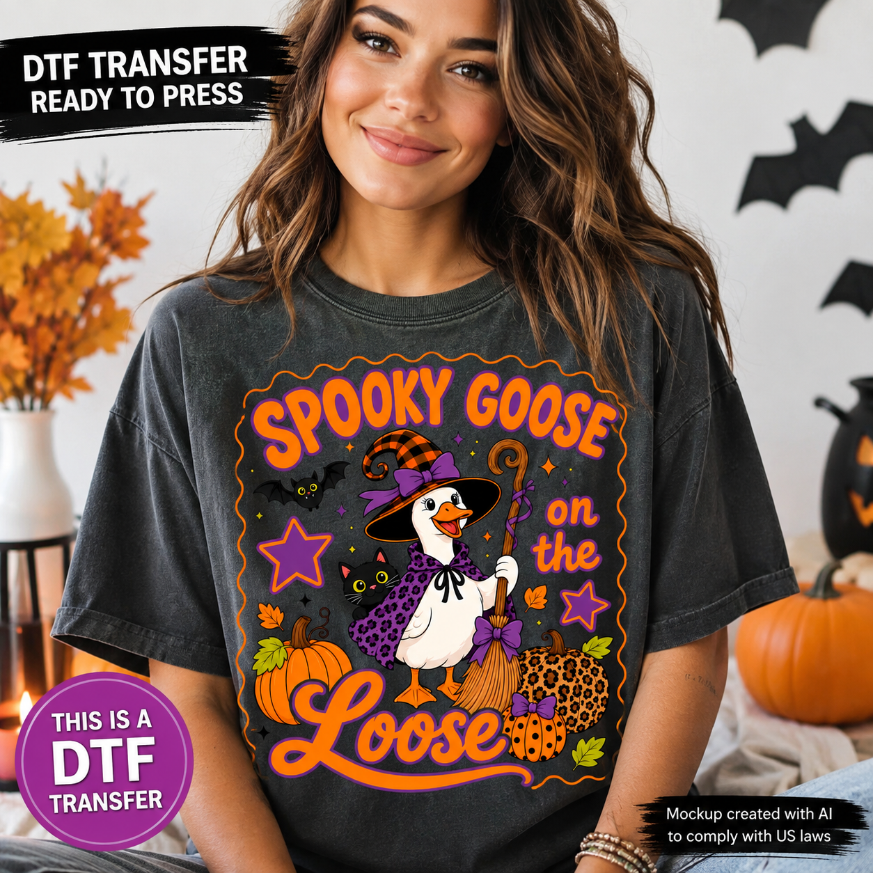 Spooky Goose on the Loose Halloween DTF transfer shown on charcoal T-shirt mockup