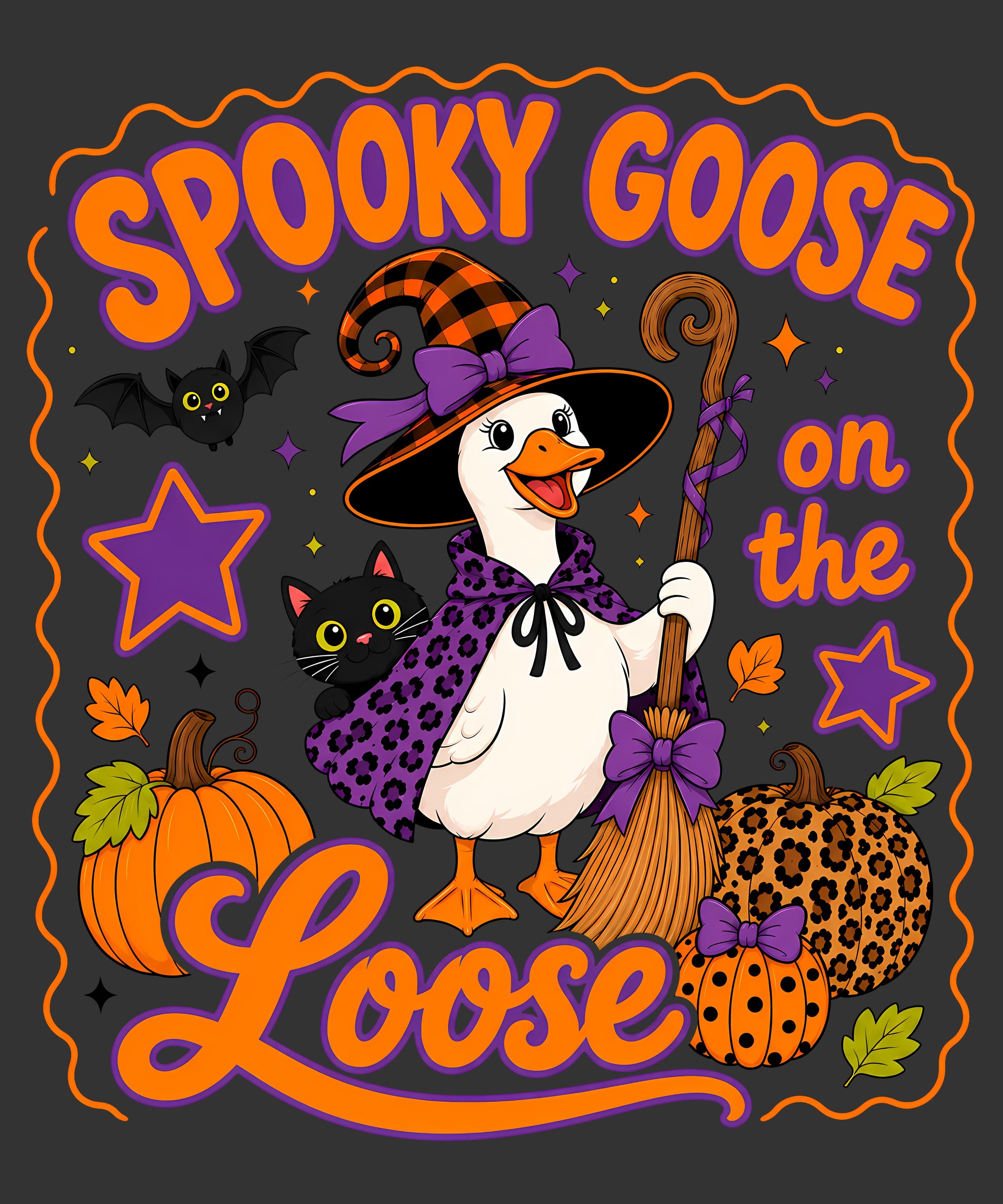 A Halloween-themed graphic design featuring a white goose dressed as a witch with a purple bow and cape, holding a broomstick, with pumpkins, a black cat, stars, leaves, and the text 'SPOOKY GOOSE on the Loose' on a dark gray background.