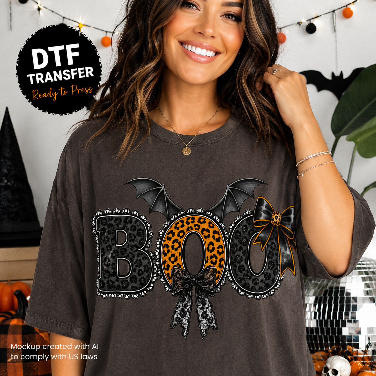 Leopard Boo bats and bows Halloween DTF transfer shown on brown T-shirt mockup