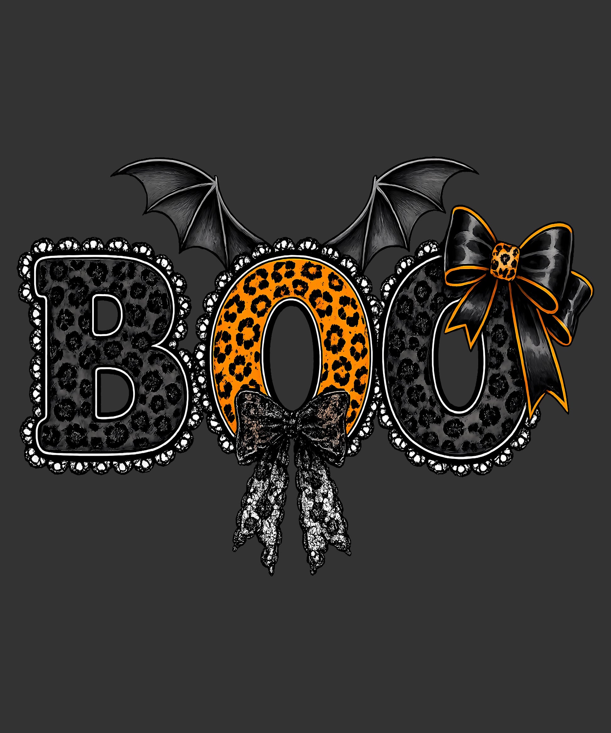 BOO Halloween design with black and orange leopard print bats and bows ready to press DTF transfer