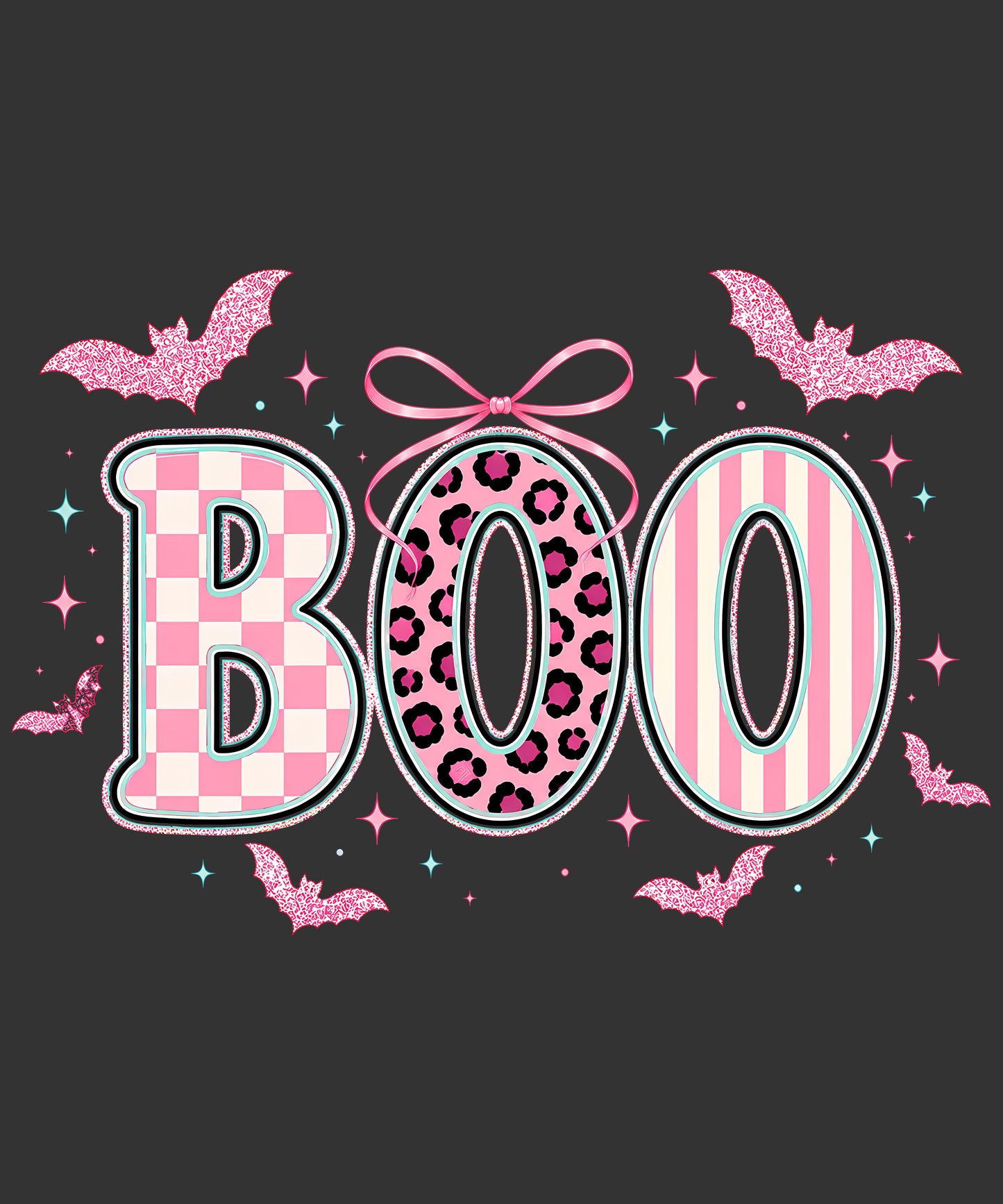 BOO Halloween design with pink checkerboard leopard stripes bow and bats ready to press DTF transfer