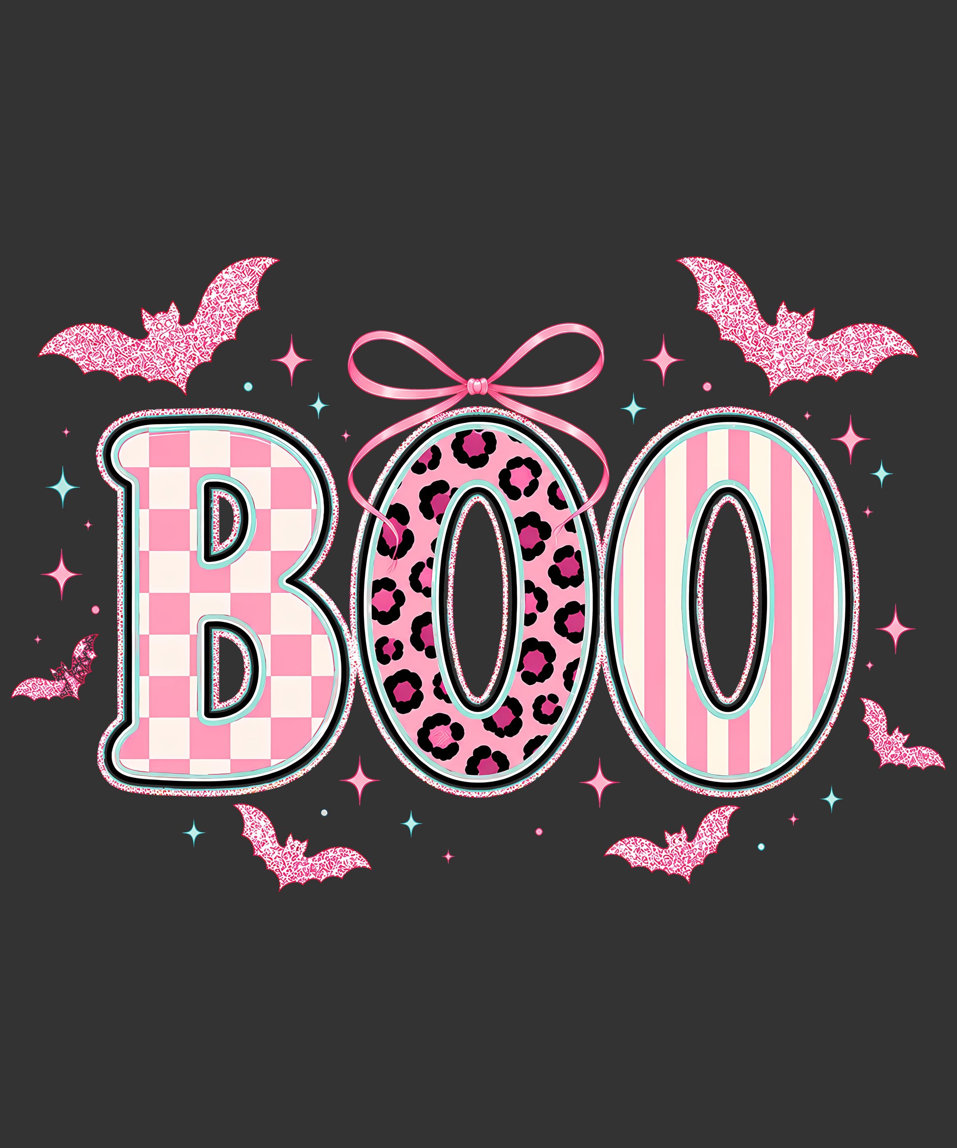BOO Halloween design with pink checkerboard leopard stripes bow and bats ready to press DTF transfer