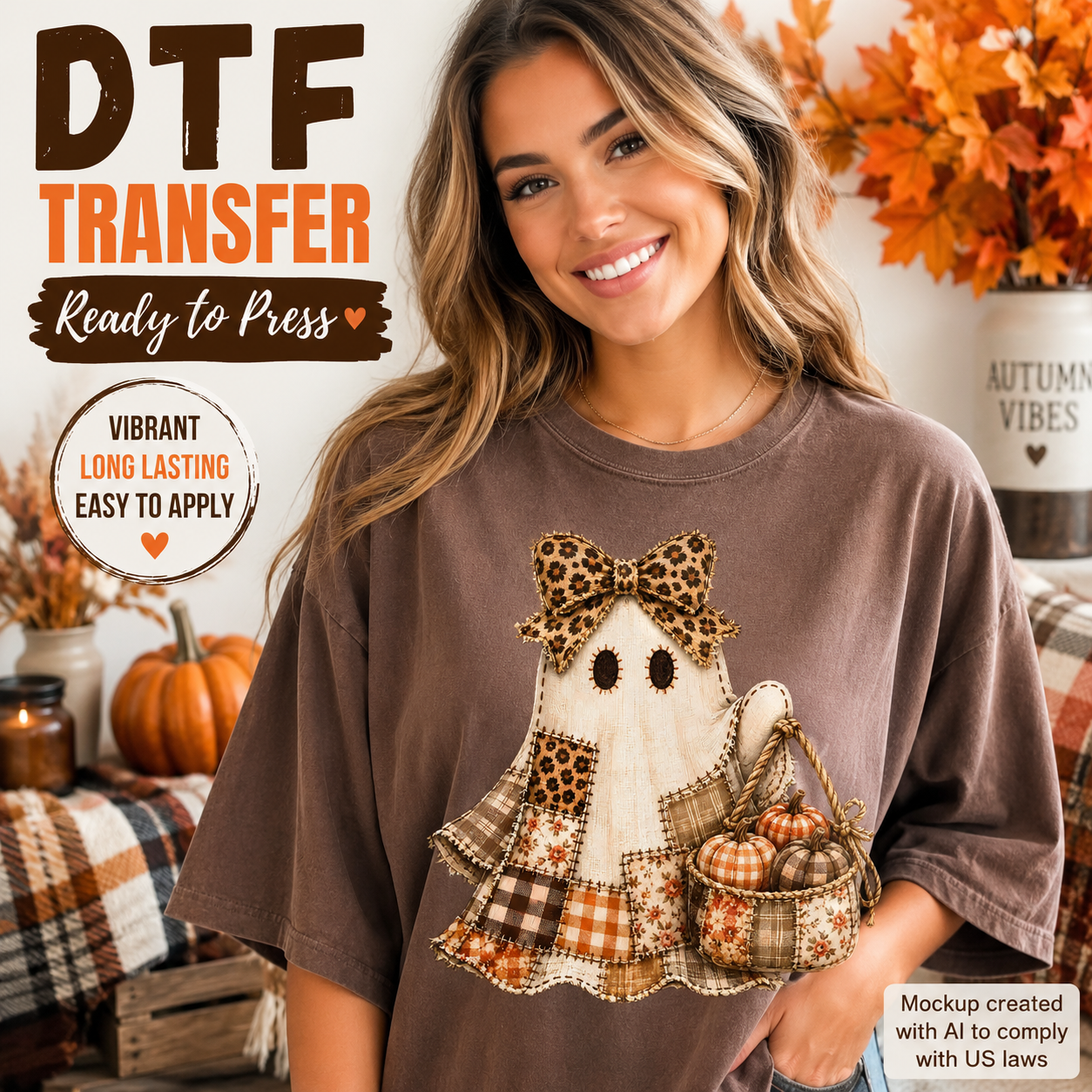 A woman wearing a brown T-shirt with a large autumn-themed ghost applique design in leopard print, plaid, and orange tones. The image includes promotional text reading 'DTF TRANSFER Ready to Press' and a small note saying the mockup was created with AI to comply with US laws.