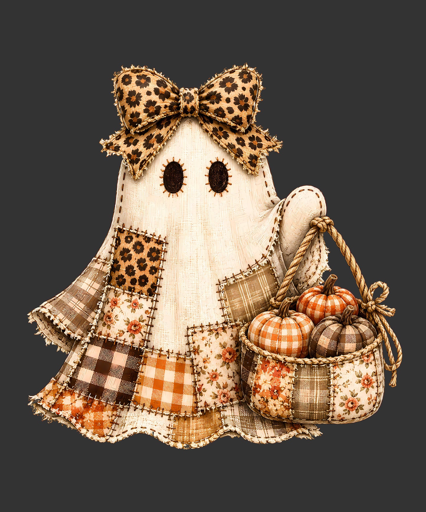 A Halloween ghost decoration made from patchwork fabrics in autumn tones, featuring a leopard-print bow, patchwork skirt, and a matching patchwork basket holding three small pumpkins, shown on a dark gray background.