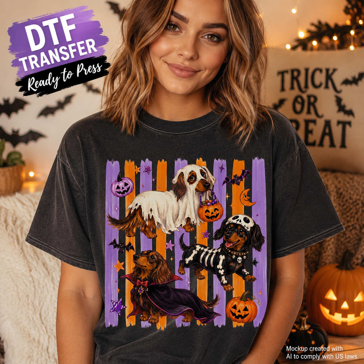 Halloween dachshund costume trio DTF transfer shown on charcoal T-shirt mockup
