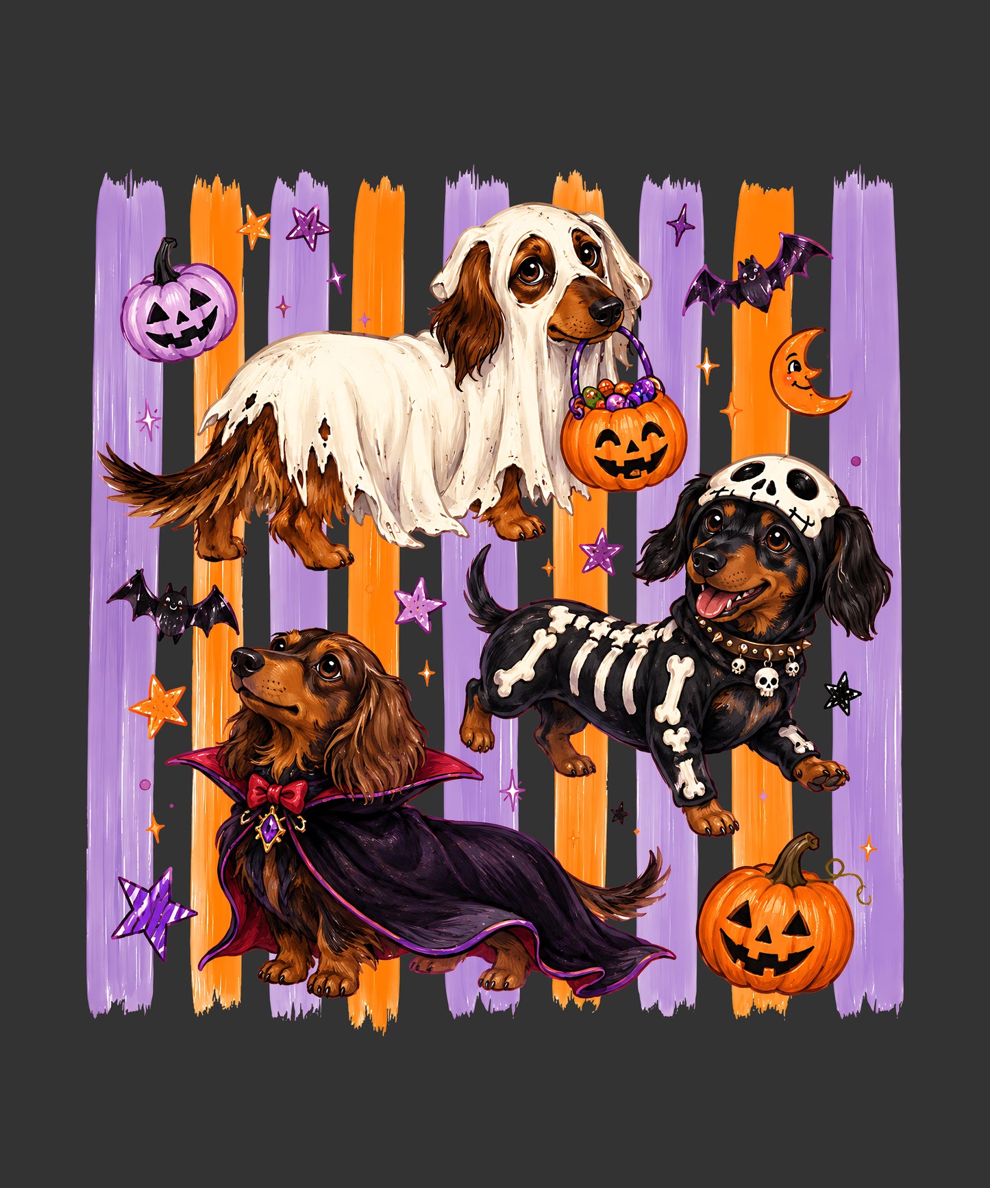 Three dachshunds dressed as ghost skeleton and vampire with pumpkins ready to press Halloween DTF transfer