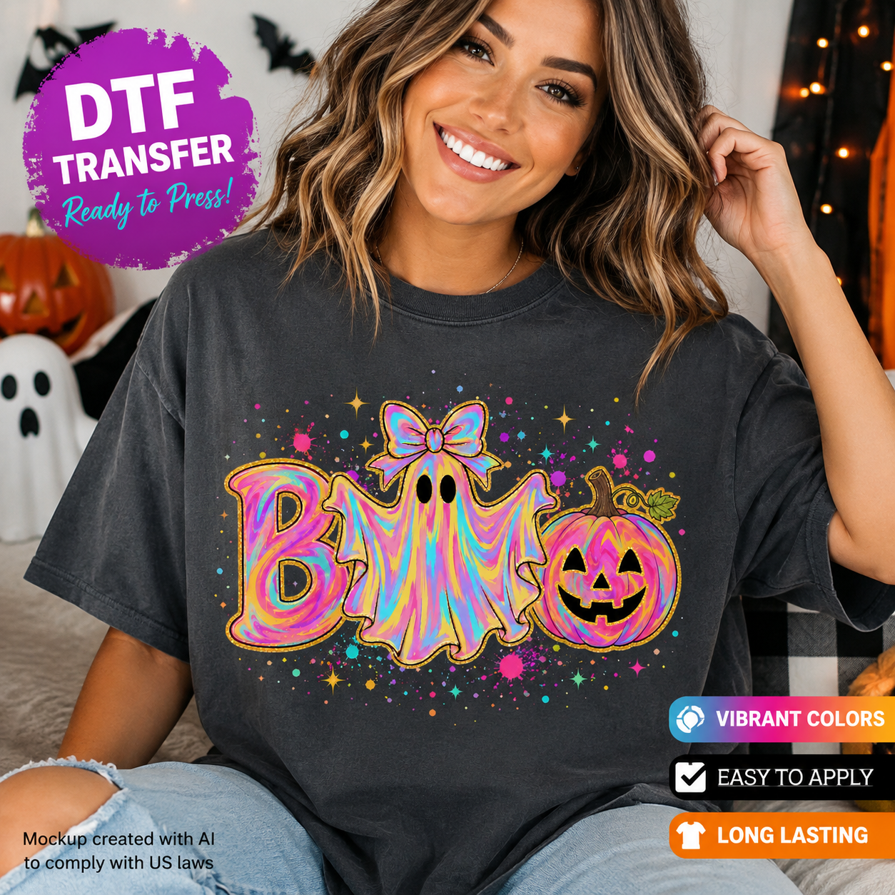 Colorful Boo ghost pumpkin Halloween DTF transfer shown on charcoal T-shirt mockup