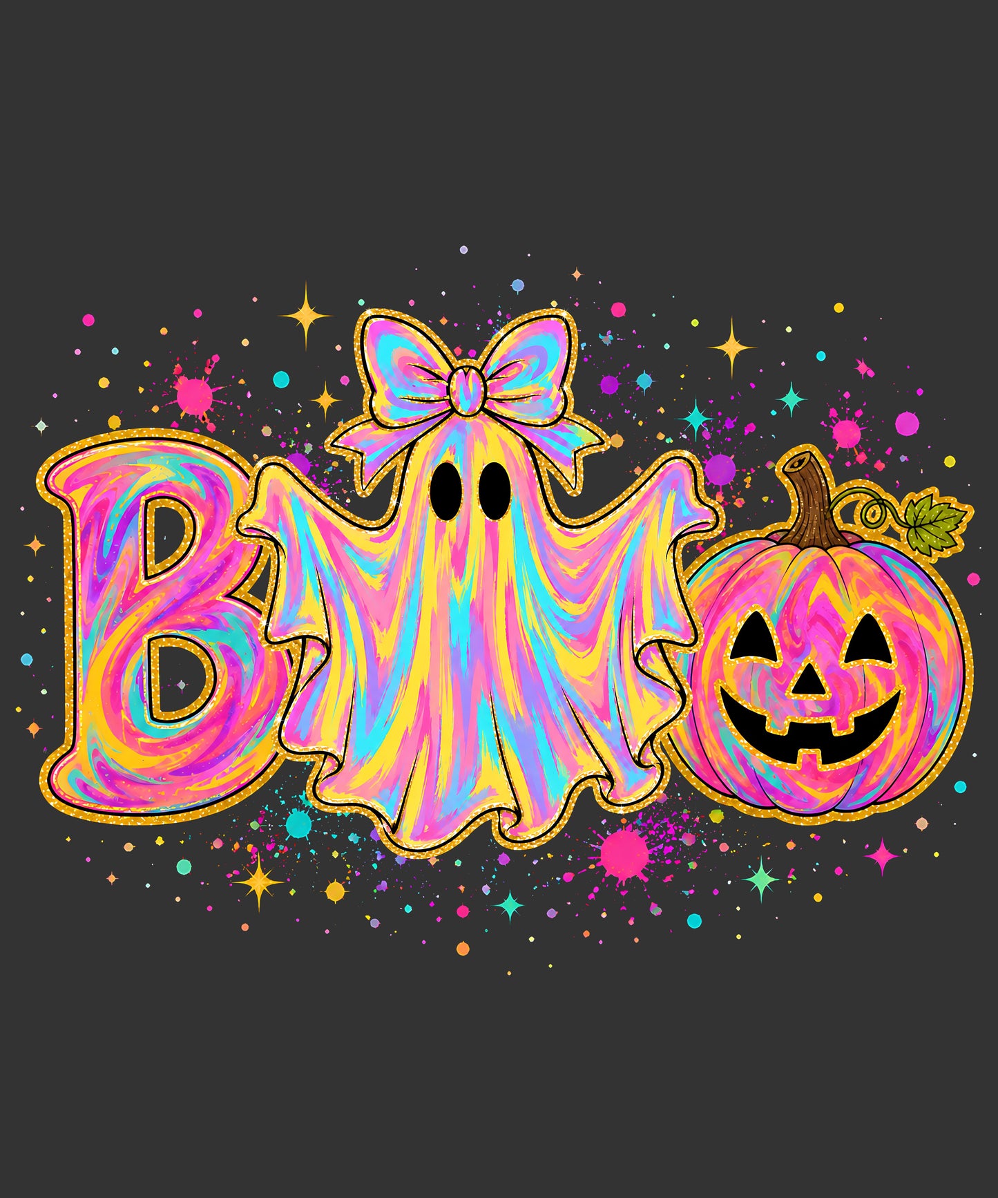 Colorful BOO ghost with bow and jack-o-lantern ready to press Halloween DTF transfer