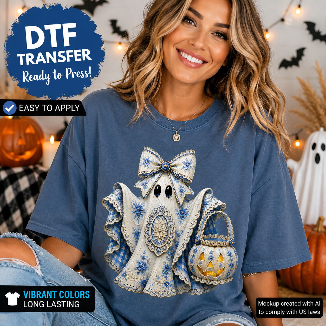 Blue floral ghost bow Halloween DTF transfer shown on blue T-shirt mockup
