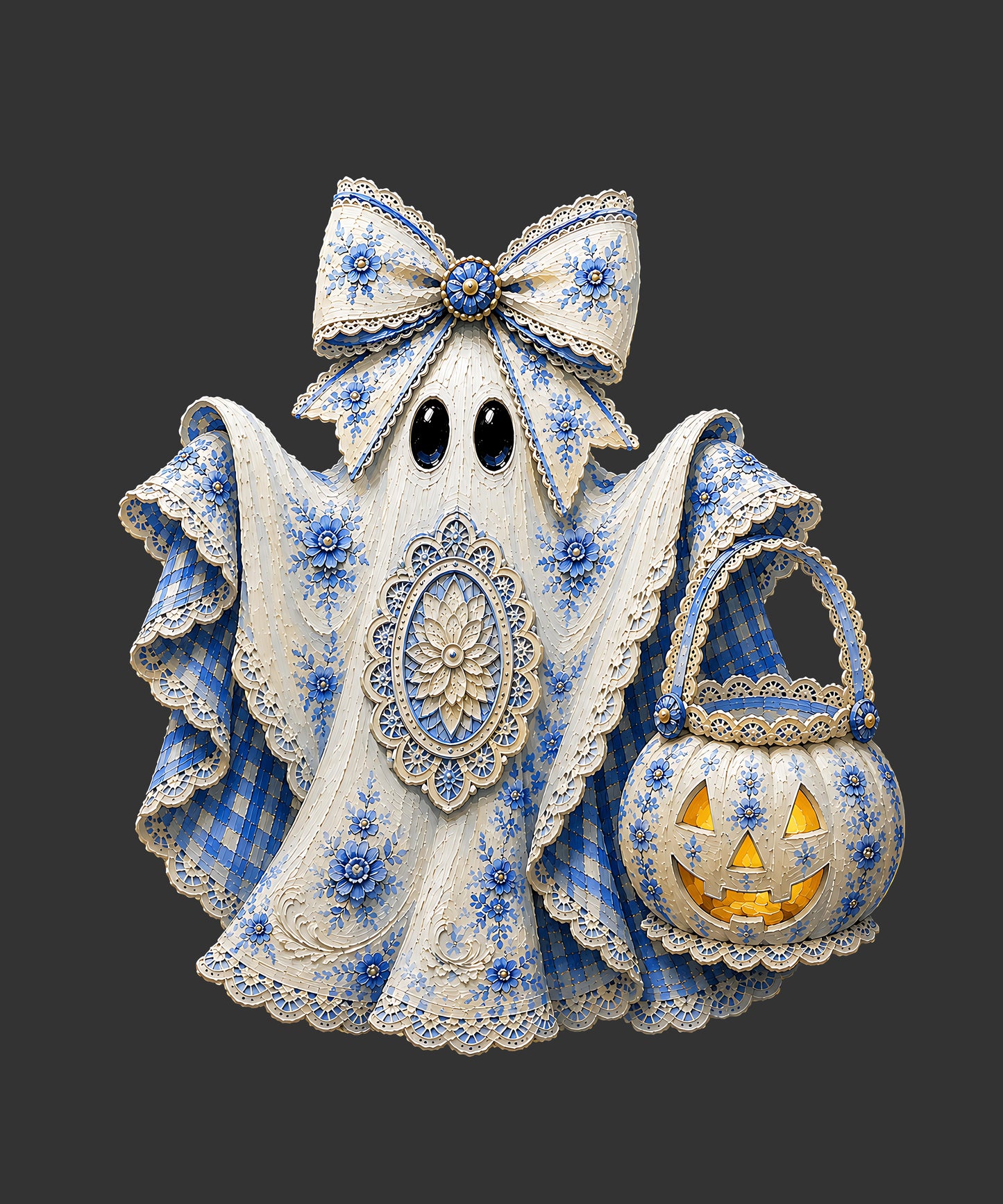 A decorative ghost-shaped Halloween decoration with a large bow, lace-like overlay, black eyes, and a small pumpkin bucket bag with a glowing orange interior, shown on a dark gray background.
