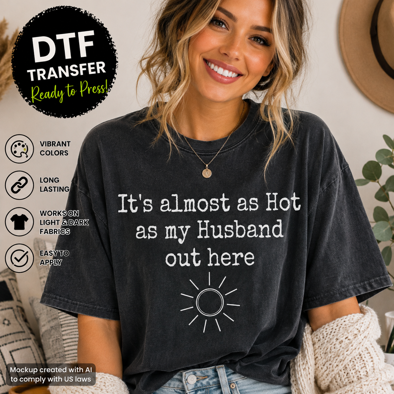 Almost as Hot as My Husband funny DTF transfer shown on charcoal T-shirt mockup