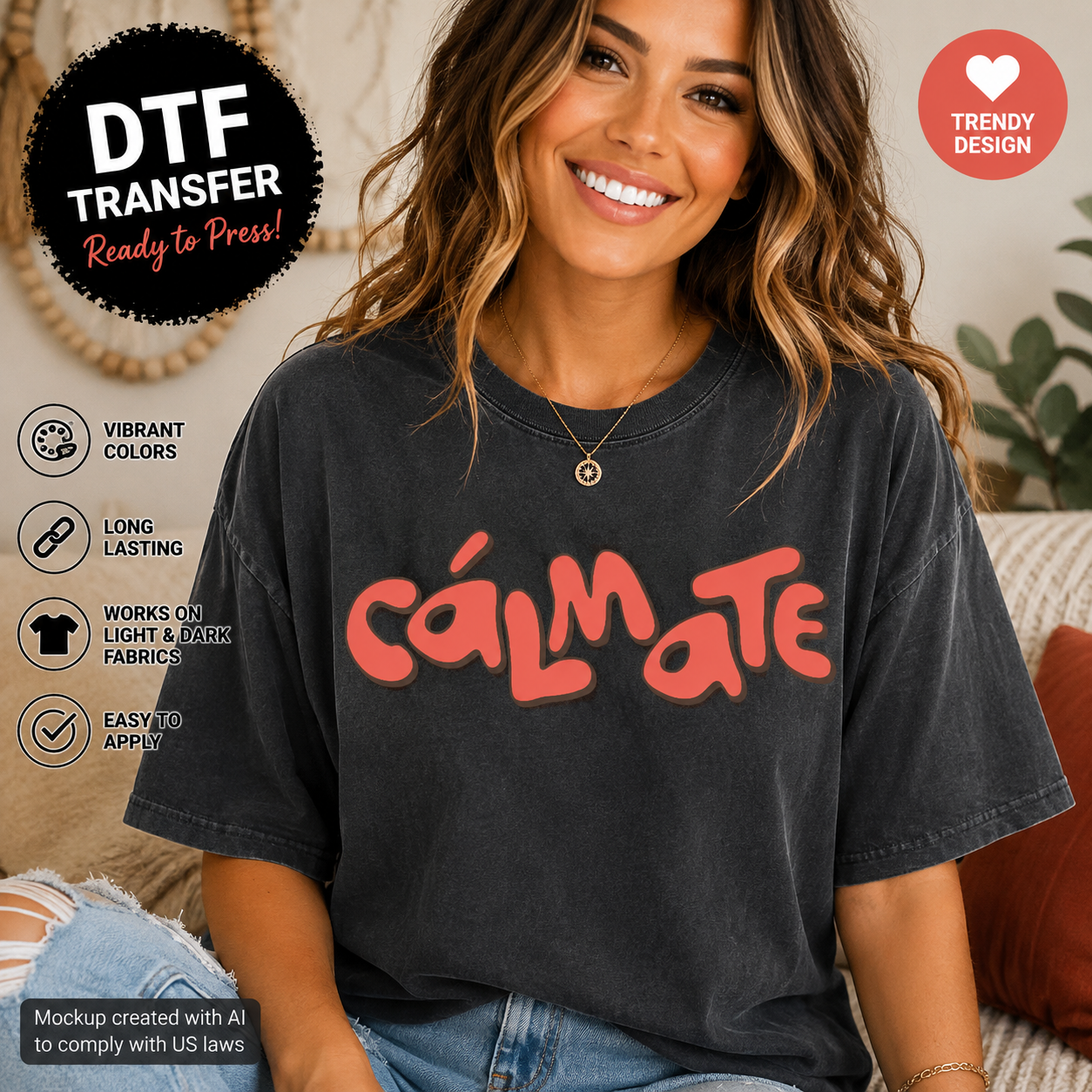 Cálmate Spanish quote DTF transfer shown on charcoal T-shirt mockup
