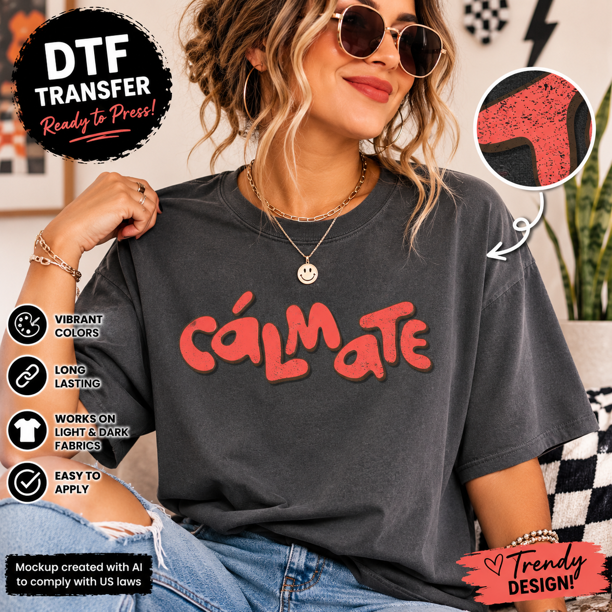 A woman wearing a dark charcoal gray t-shirt with a red 'Calmate' graphic, styled with sunglasses, a smiley face necklace, and jeans. The image features promotional text overlays, a DTF transfer close-up inset, and a mockup disclaimer.