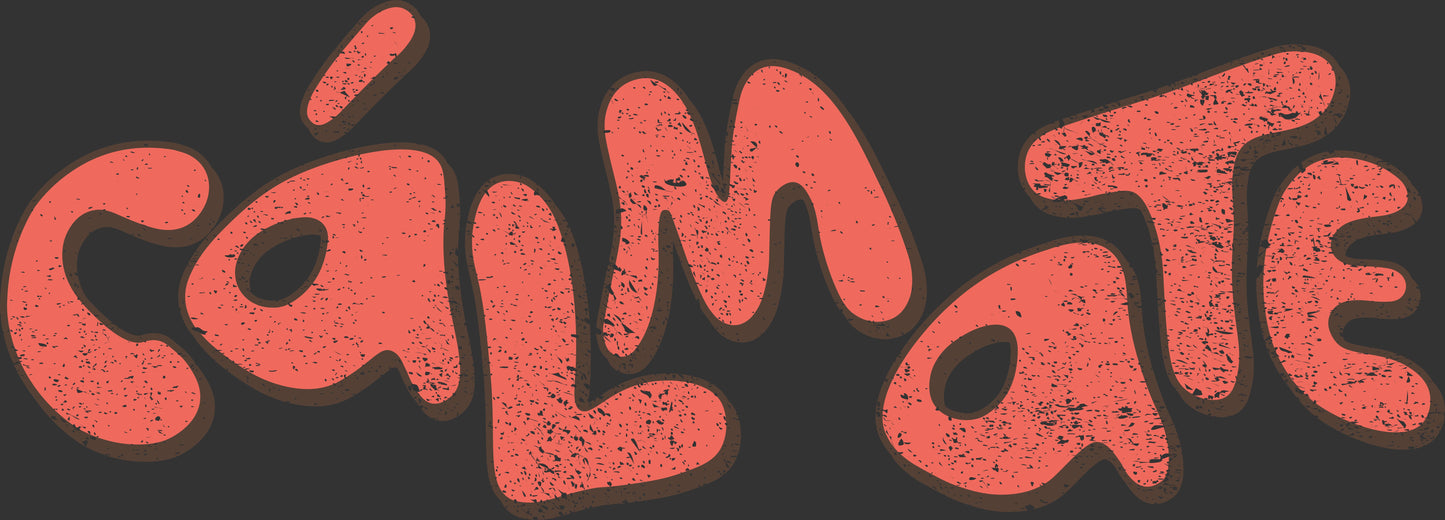 The word 'calm' spelled out in large, rounded, textured coral-red letters with a dark outline on a dark charcoal background.