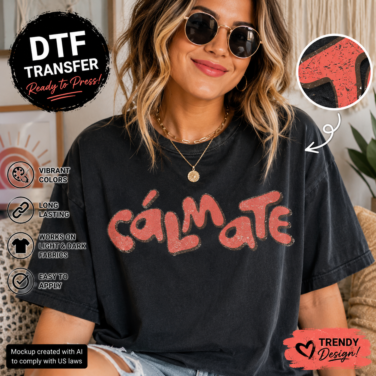 A woman wearing a faded black graphic T-shirt with the word 'Calmate' in distressed coral-red lettering. The image includes promotional text overlays about DTF transfer qualities, a fabric close-up inset, and a 'Trendy Design!' badge, set in a styled indoor environment.