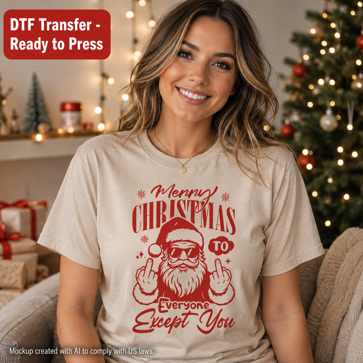 Merry Christmas to Everyone Except You funny Santa DTF transfer shown on cream T-shirt mockup