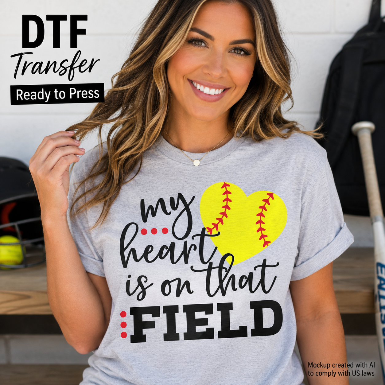 My Heart Is on That Field softball DTF transfer shown on heather gray T-shirt mockup