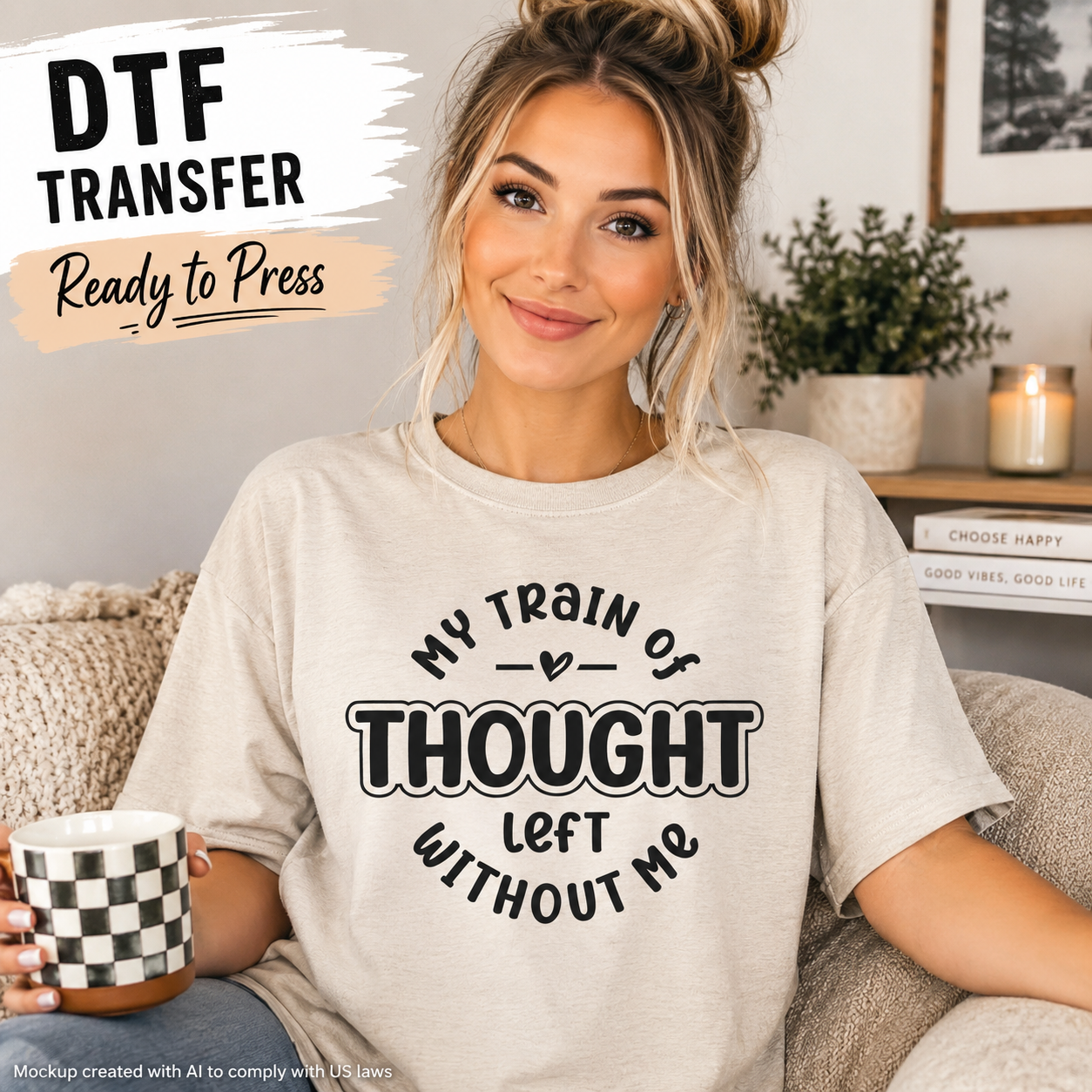 My Train of Thought Left Without Me funny DTF transfer shown on cream T-shirt mockup