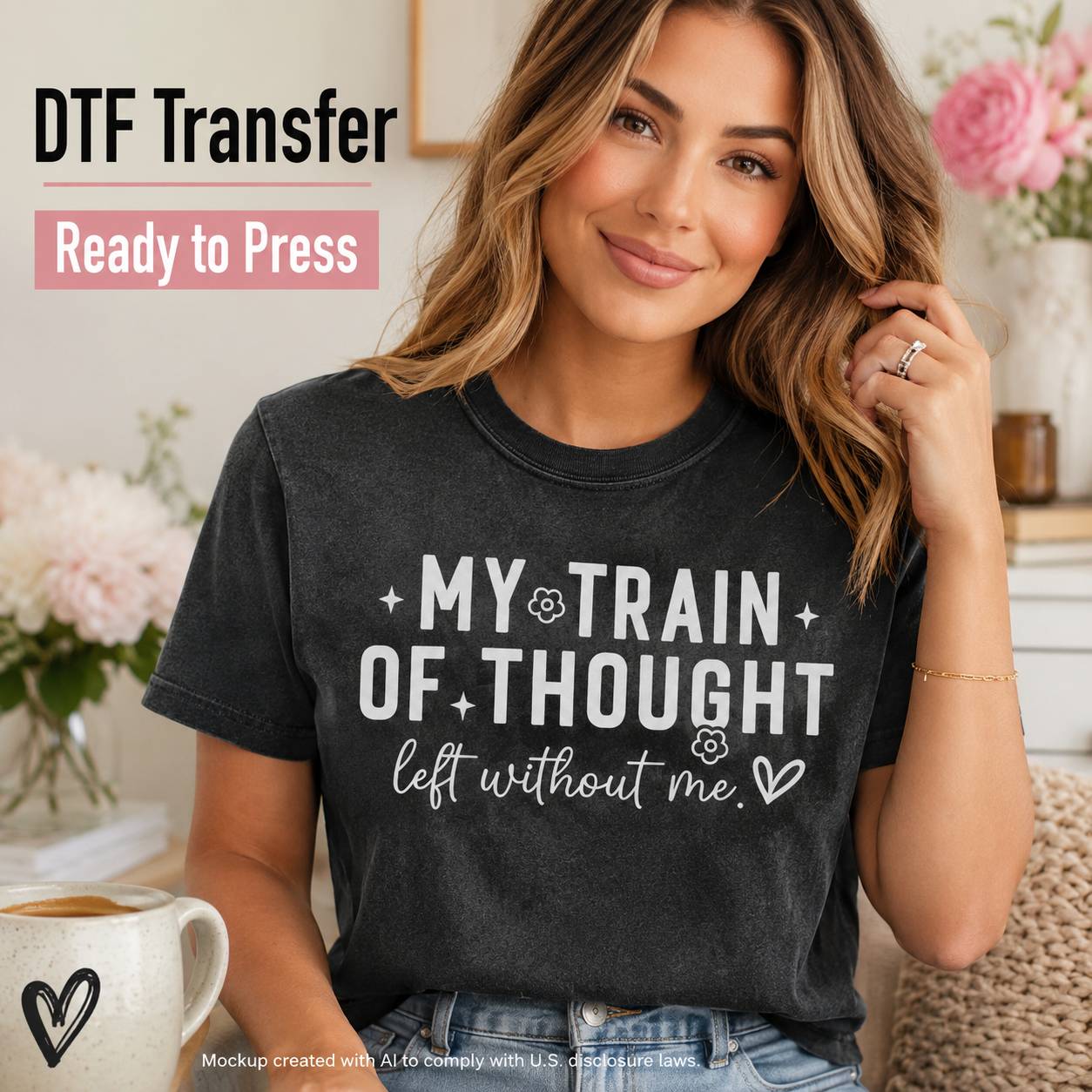 My Train of Thought Left Without Me funny DTF transfer shown on charcoal T-shirt mockup