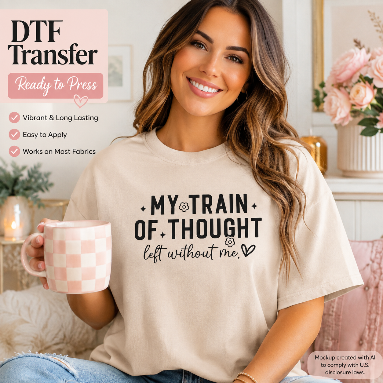 A woman wearing a cream-colored t-shirt with a black graphic print that reads 'MY TRAIN OF THOUGHT left without me' and holding a pink and white checkered mug. The image features promotional text overlays for an 'DTF Transfer' product on a cozy, decorated background.