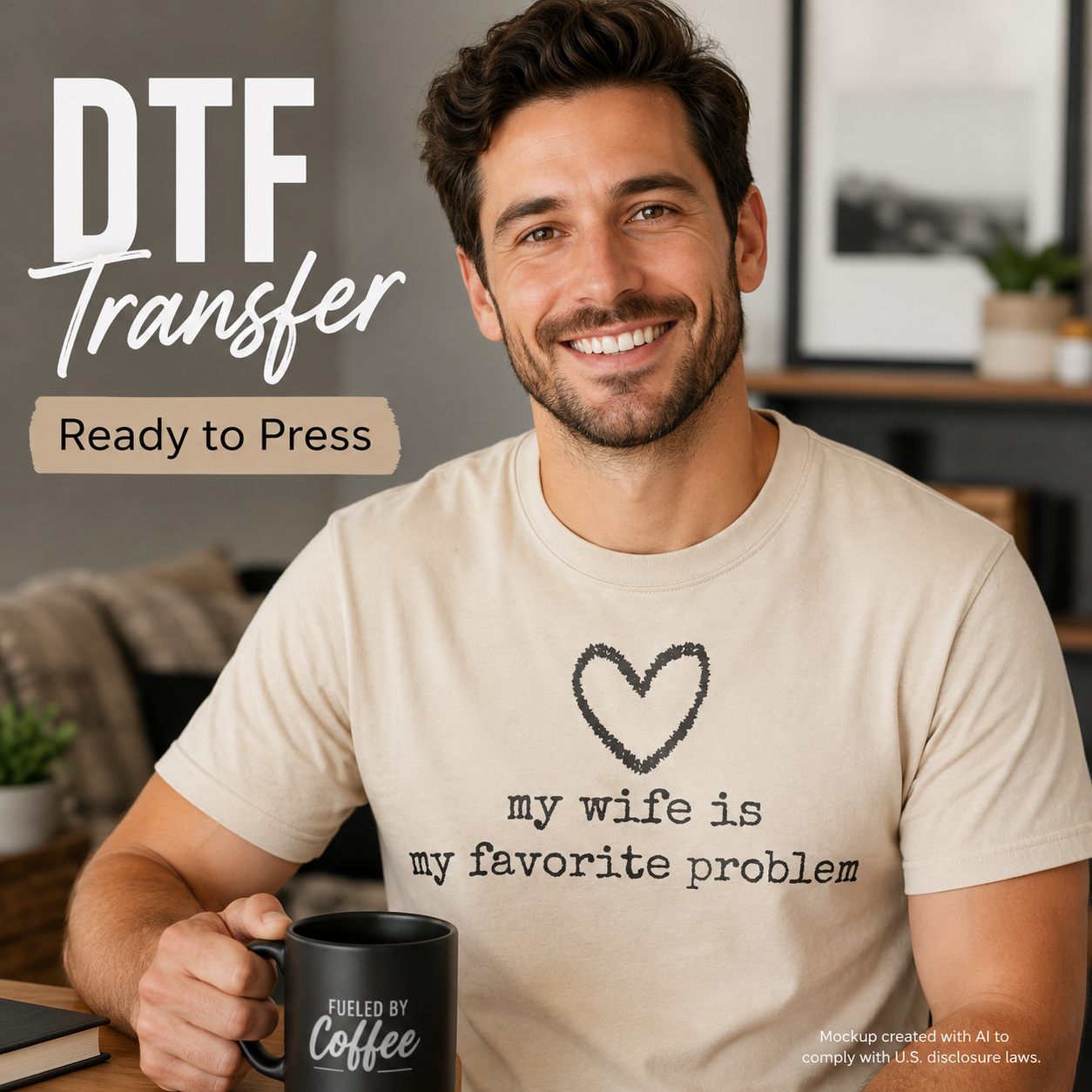 A smiling man in a beige t-shirt with a black heart outline and the text 'my wife is my favorite problem' holds a black coffee mug. The background is a softly blurred living room.