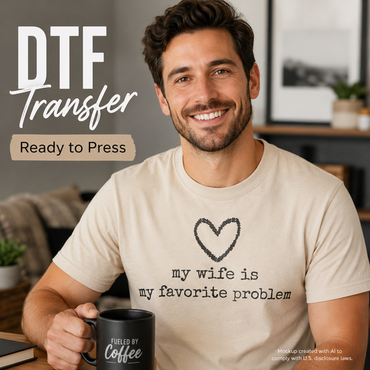A smiling man in a beige t-shirt with a black heart outline and the text 'my wife is my favorite problem' holds a black coffee mug. The background is a softly blurred living room.
