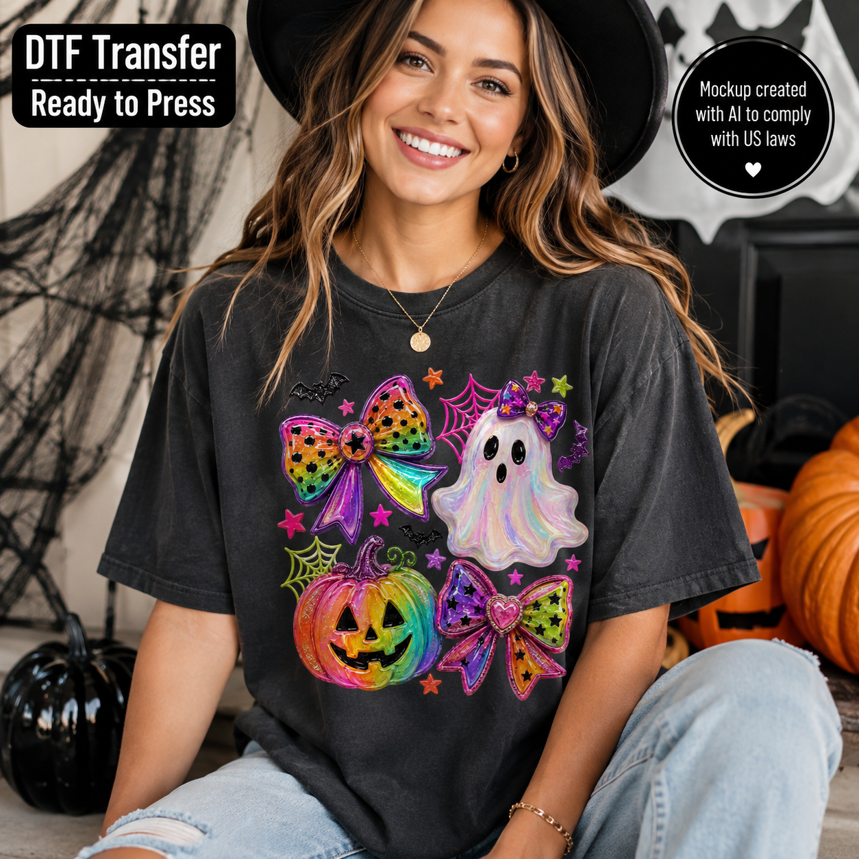 Colorful ghost pumpkin bows Halloween DTF transfer shown on charcoal T-shirt mockup