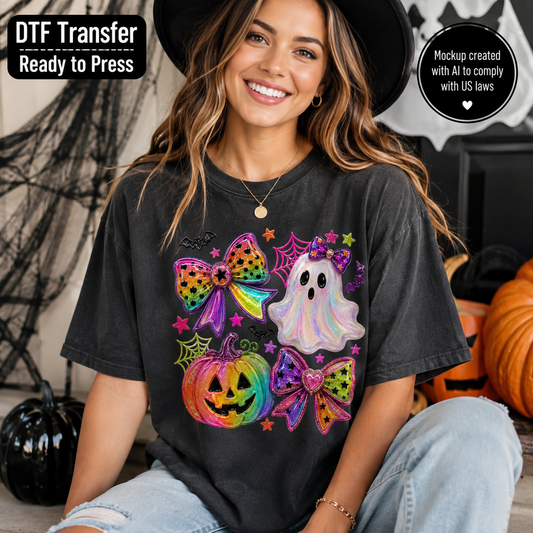 Colorful ghost pumpkin bows Halloween DTF transfer shown on charcoal T-shirt mockup