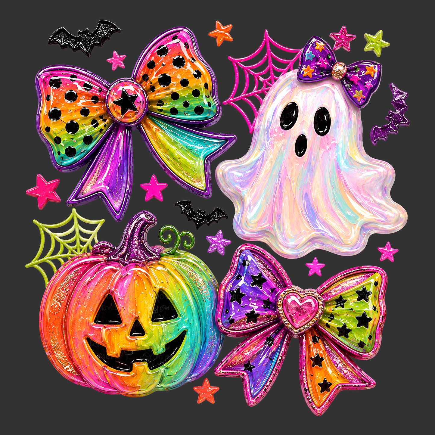 Colorful Halloween ghost pumpkin bows spiderwebs and bats ready to press DTF transfer