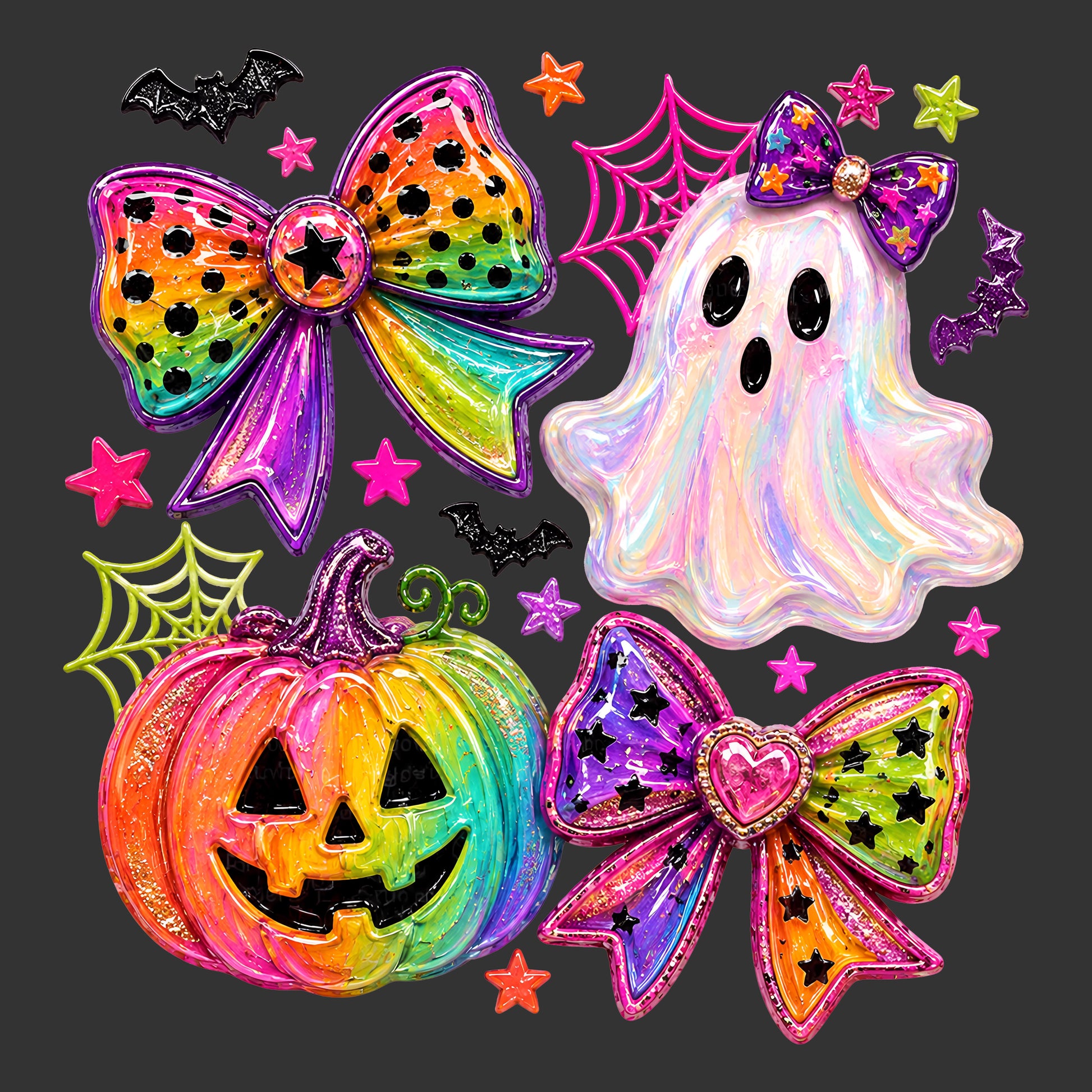 Colorful Halloween ghost pumpkin bows spiderwebs and bats ready to press DTF transfer