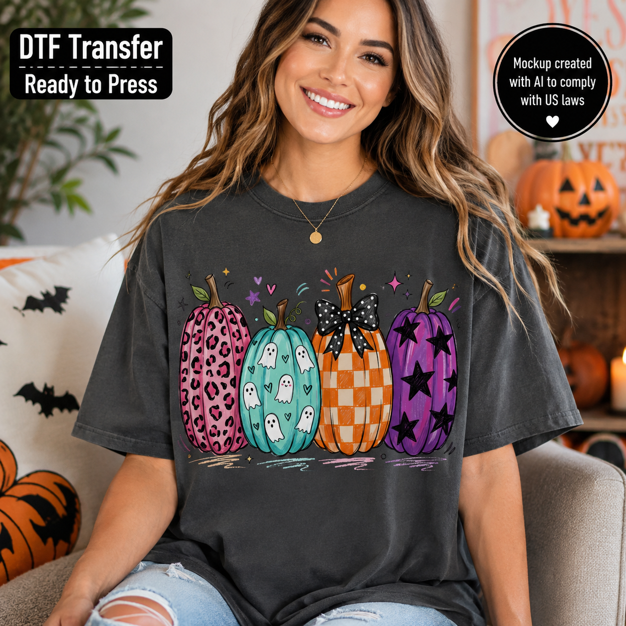 A woman wearing a dark charcoal gray t-shirt with a colorful graphic of four decorated pumpkins (pink leopard print, teal with ghosts, orange checkered, purple with black stars). The background is a cozy, decorated living room with Halloween elements.