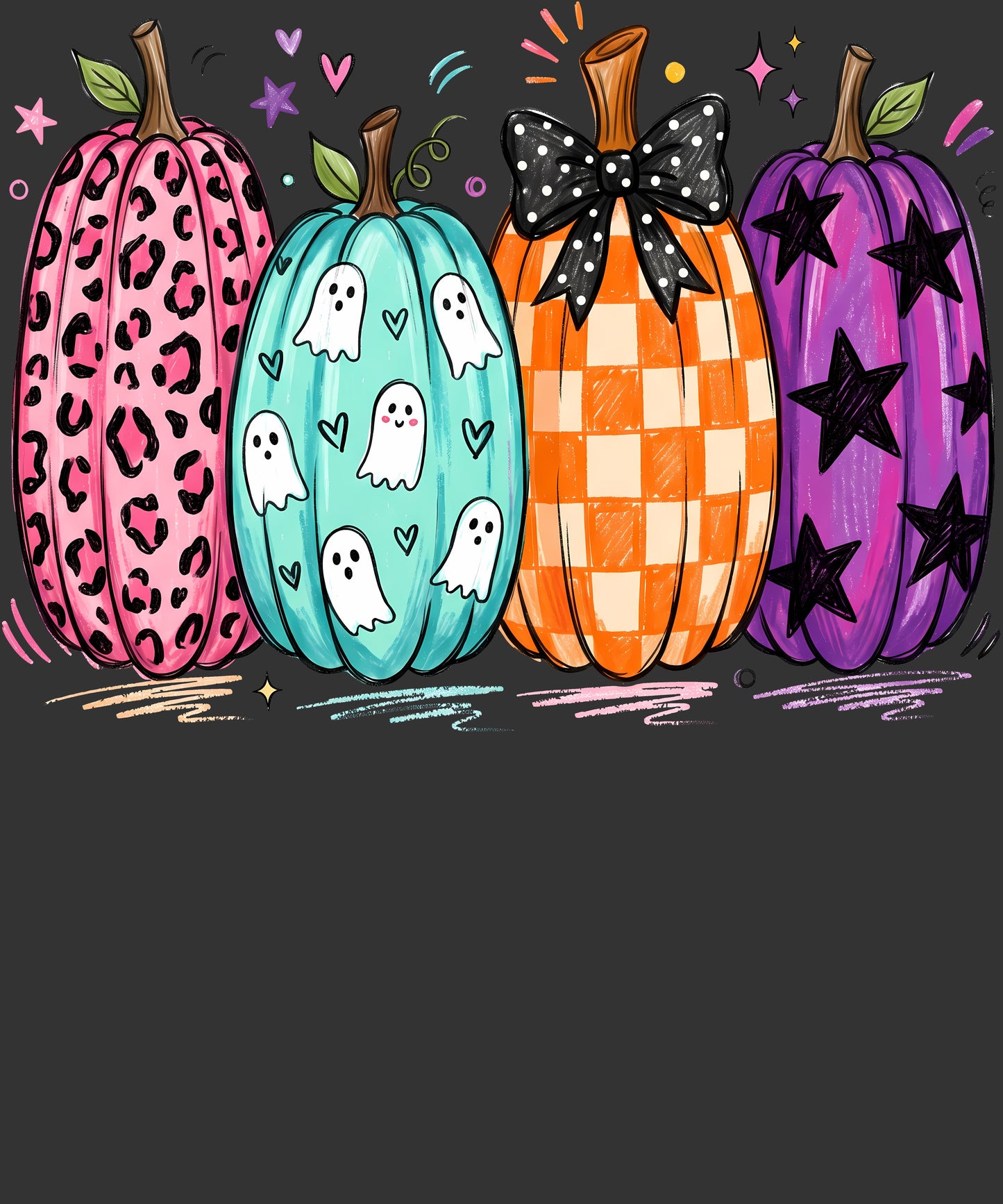 A colorful Halloween-themed illustration of four pumpkins on a dark gray background. The pumpkins have distinct patterns: pink leopard print, light blue with white ghosts, orange checkered pattern with a black polka-dot bow, and purple with black stars.