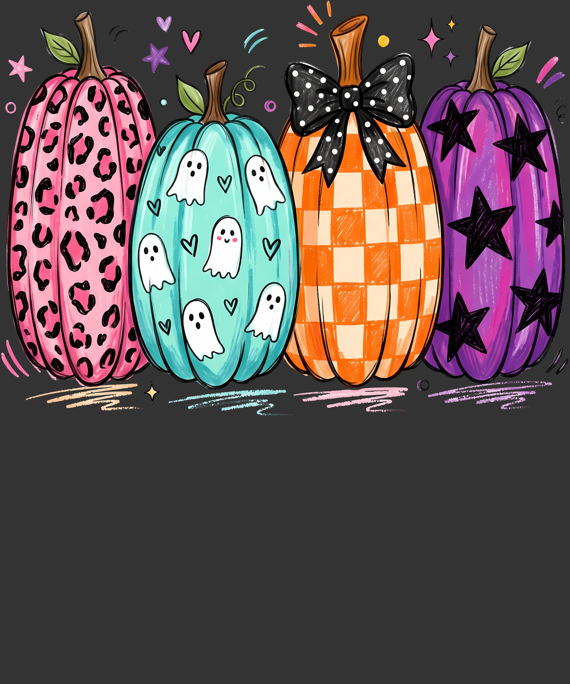 A colorful Halloween-themed illustration of four pumpkins on a dark gray background. The pumpkins have distinct patterns: pink leopard print, light blue with white ghosts, orange checkered pattern with a black polka-dot bow, and purple with black stars.
