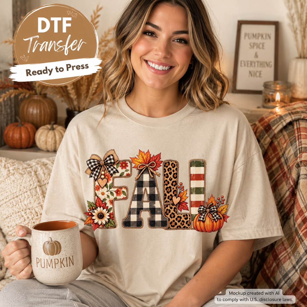 A smiling woman seated indoors wearing a cream graphic T-shirt with the word "FALL" styled in autumn-themed patterns including plaid, leopard print, stripes, and floral motifs. She holds a mug with a pumpkin design, with pumpkins, a blanket, and home decor in the background.