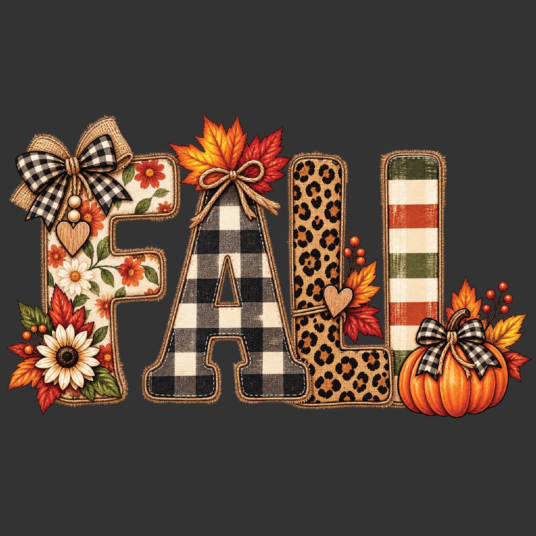 A decorative autumn-themed 'FALL' word design on a dark charcoal background. The letters feature mixed patterns: floral and gingham on F, plaid on A, leopard print on L, and stripes on R, decorated with leaves, a pumpkin, and bows.