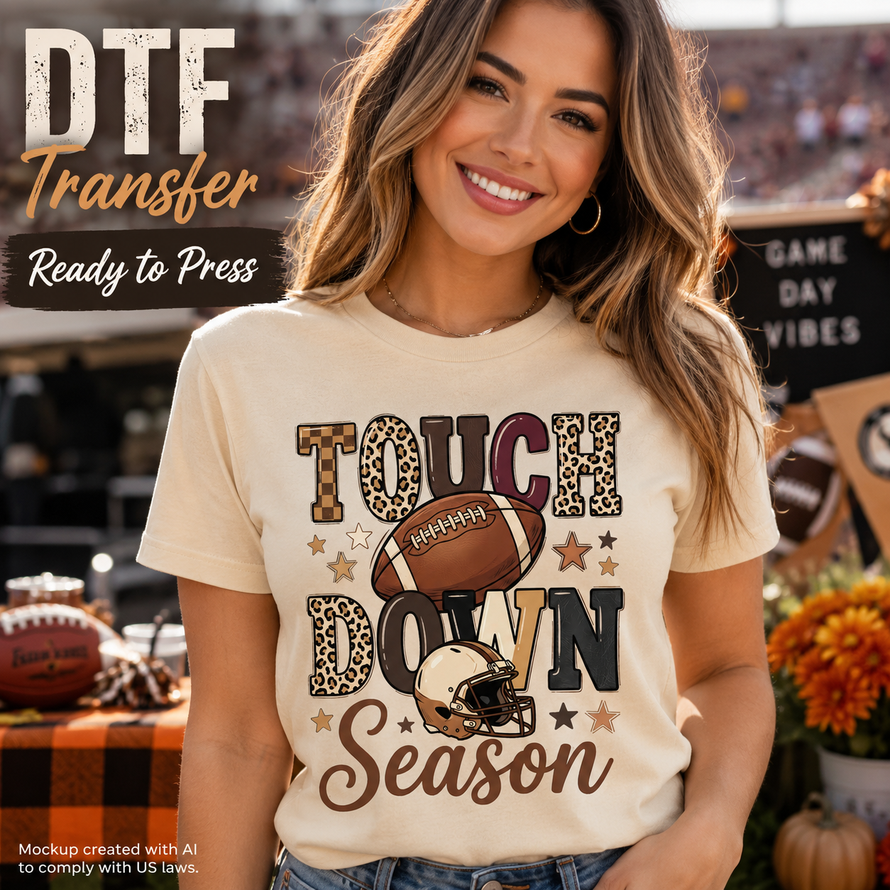 A woman wearing a cream-colored T-shirt with a 'TOUCH DOWN Season' football graphic, standing in a fall-themed outdoor setting. The graphic features leopard print, brown, and beige elements, including a football and helmet.