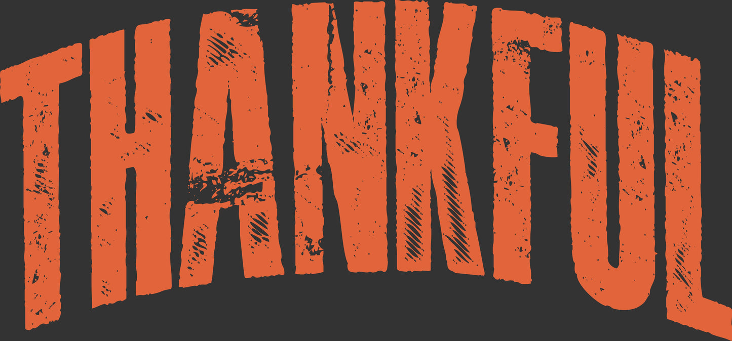 The word 'THANKFUL' in large, distressed orange letters with a textured, stamped look on a dark charcoal gray background.